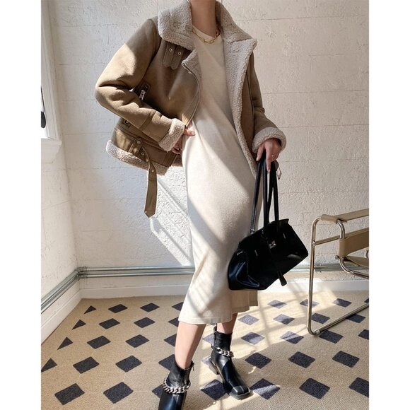 Women Brown Faux Shearling Moto Jacket Thick Lined Winter Leather Coat Parka - Picture 6 of 6